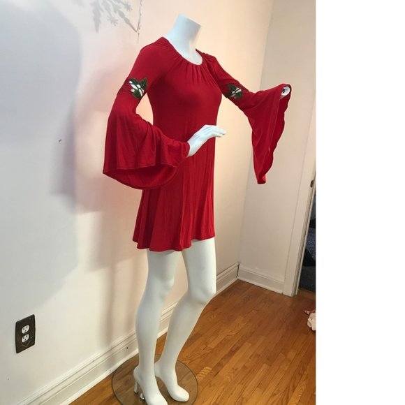 Stunning Bright red A-line flower embroidery cut-out mini summer tunic dress - Picture 4 of 6
